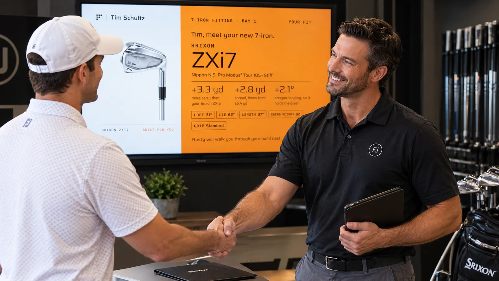 A FORJ fitter and his customer shake hands in a fitting bay. On the TV behind them: 'Tim, meet your new 7-iron', a Srixon ZXi7 with 3.3 yards more carry than his current iron, a 2.8 yard spread and a 2.1 degree steeper landing so it holds the green.